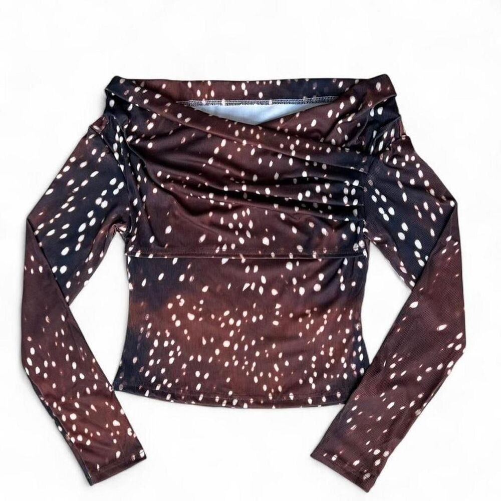 Brown White Off Shoulder Fawn Print Long Sleeve Top Women’s Small